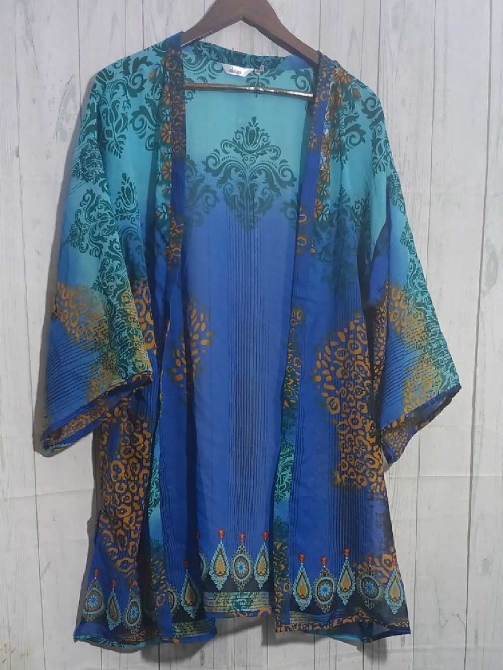 Dalin Teal & Blue Printed Open Kimono Jacket Sz 3X